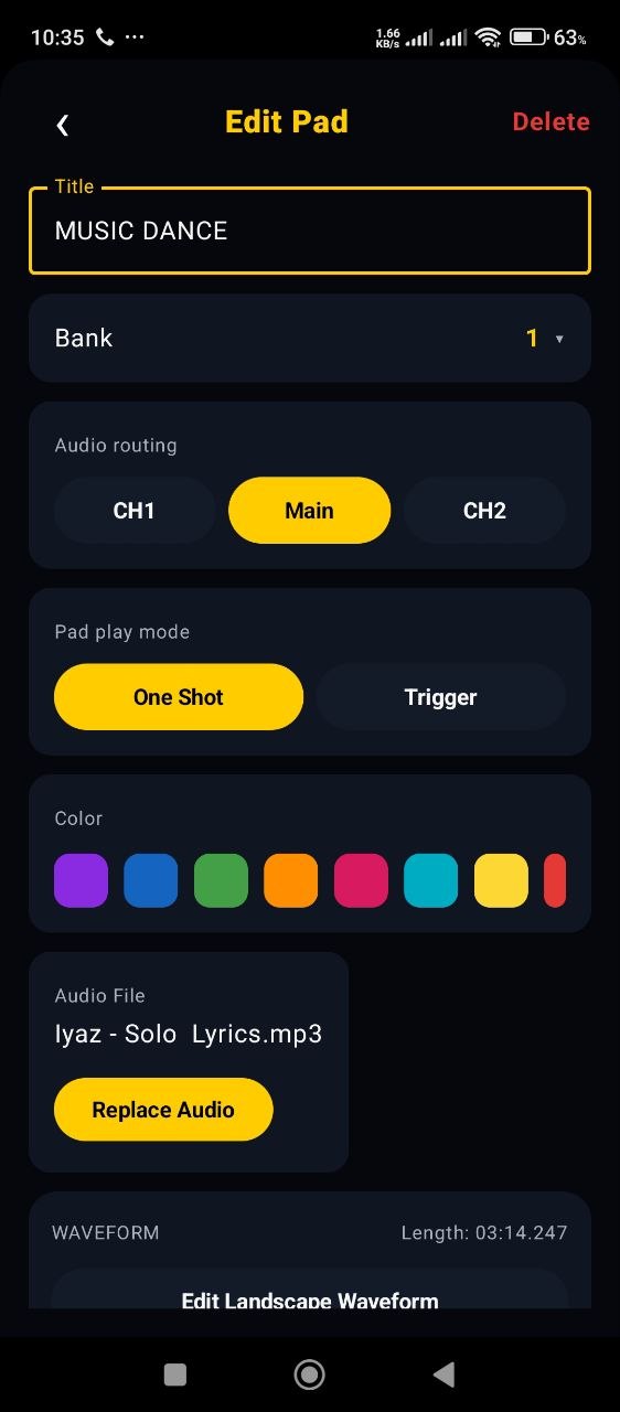 Edit Pad settings screen